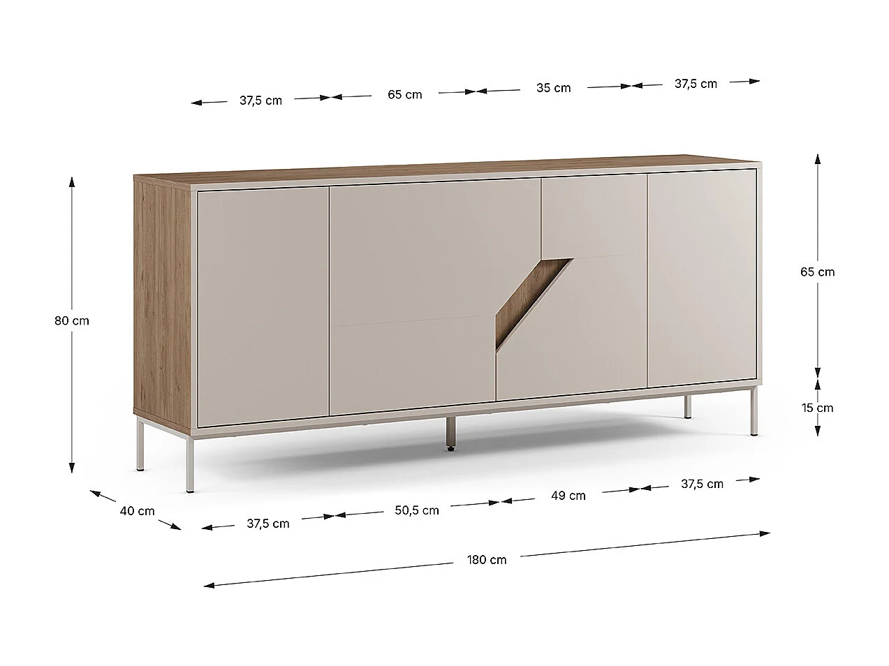 Buffet, commode de rangement avec 4 portes aspect bois coloris chêne, crème - Longueur 180 x Profondeur 40 x Hauteur 80 cm