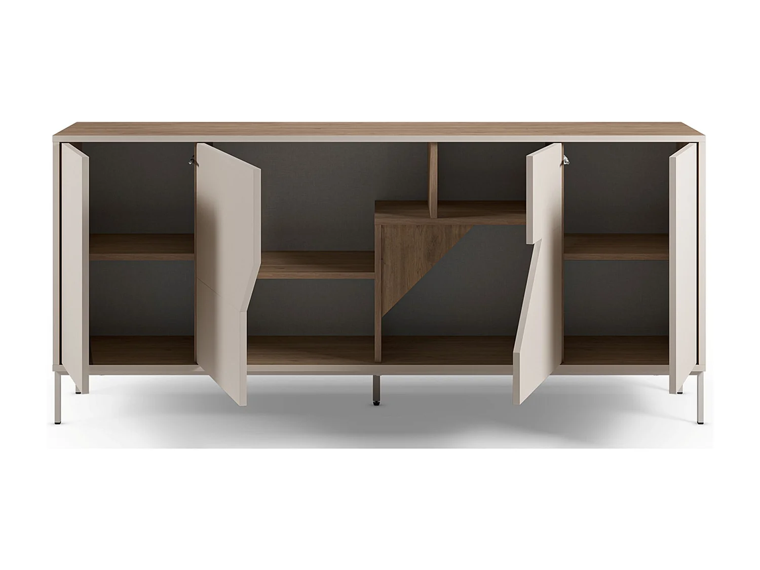 Buffet, commode de rangement avec 4 portes aspect bois coloris chêne, crème - Longueur 180 x Profondeur 40 x Hauteur 80 cm