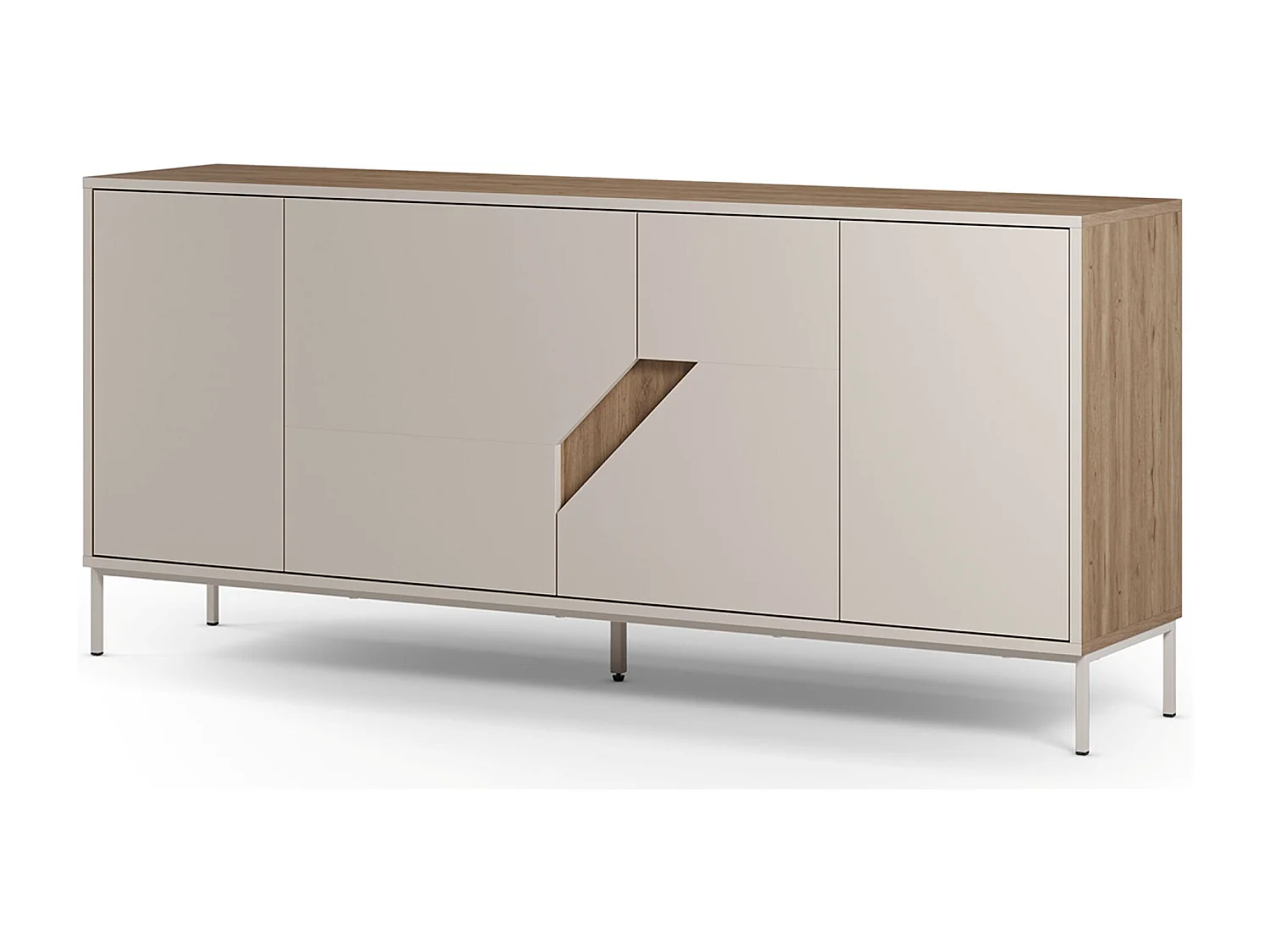 Buffet, commode de rangement avec 4 portes aspect bois coloris chêne, crème - Longueur 180 x Profondeur 40 x Hauteur 80 cm