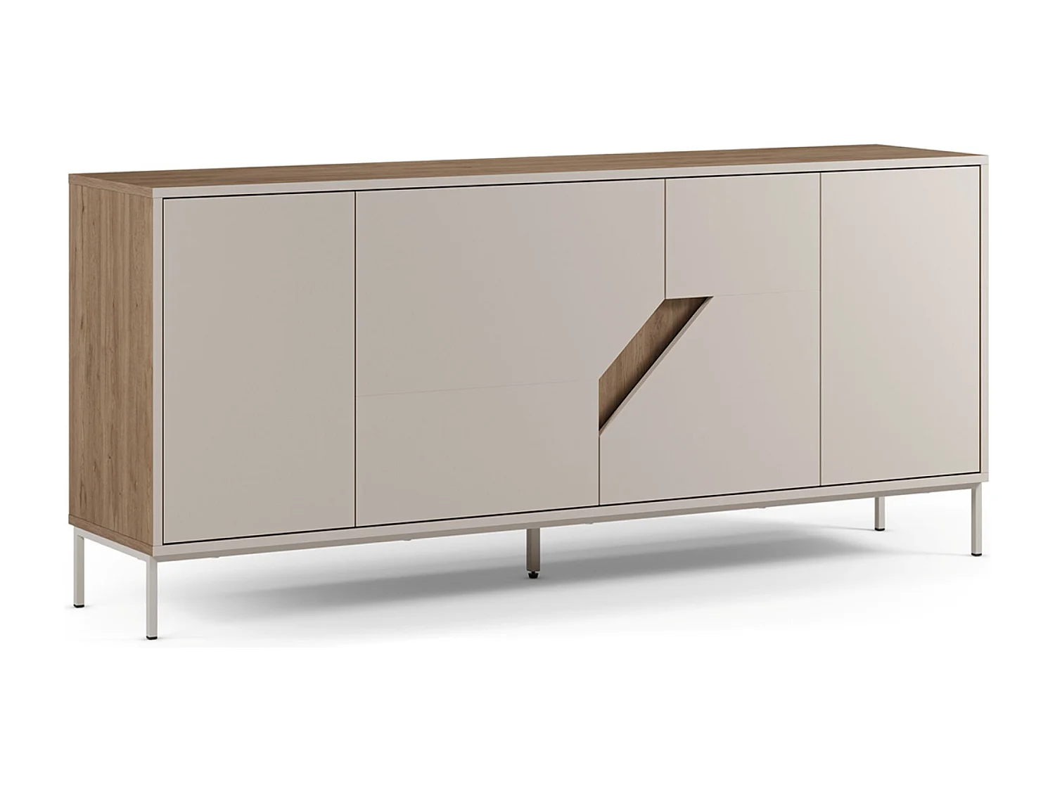 Buffet, commode de rangement avec 4 portes aspect bois coloris chêne, crème - Longueur 180 x Profondeur 40 x Hauteur 80 cm