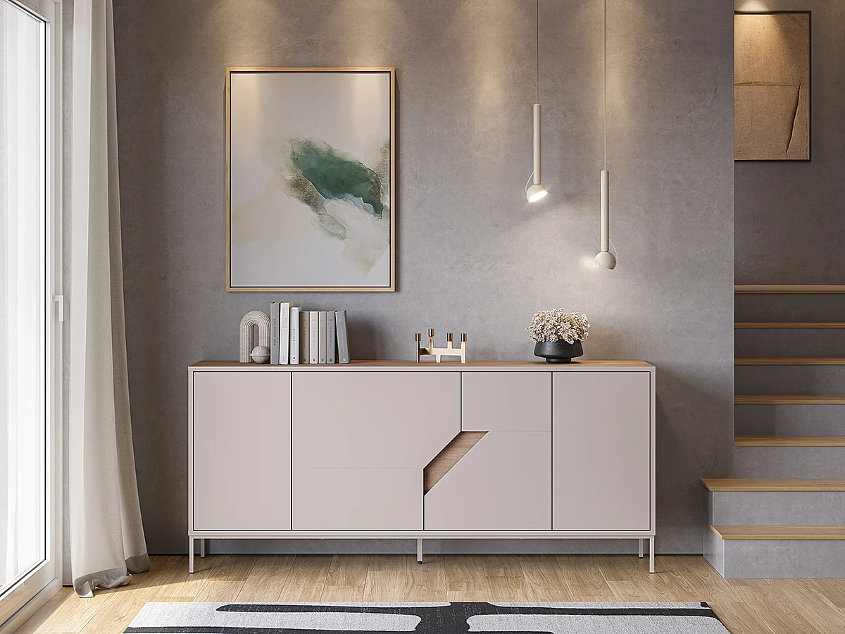 Buffet, commode de rangement avec 4 portes aspect bois coloris chêne, crème - Longueur 180 x Profondeur 40 x Hauteur 80 cm
