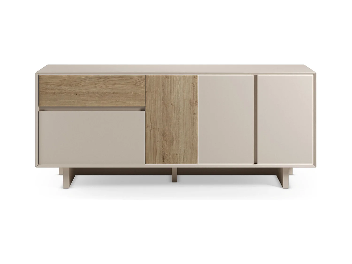 Buffet, commode rectangulaire avec 4 portes et 1 tiroir aspect bois coloris chêne, blanc - Longueur 180 x Profondeur 45 x Hauteur 76,50 cm