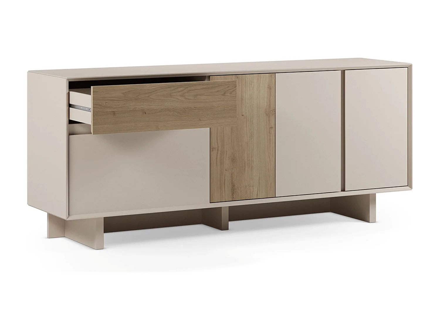 Buffet, commode rectangulaire avec 4 portes et 1 tiroir aspect bois coloris chêne, blanc - Longueur 180 x Profondeur 45 x Hauteur 76,50 cm