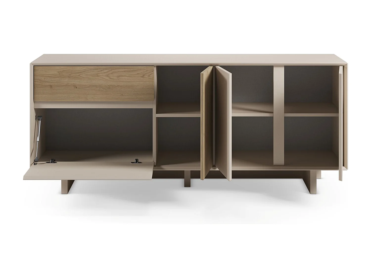 Buffet, commode rectangulaire avec 4 portes et 1 tiroir aspect bois coloris chêne, blanc - Longueur 180 x Profondeur 45 x Hauteur 76,50 cm