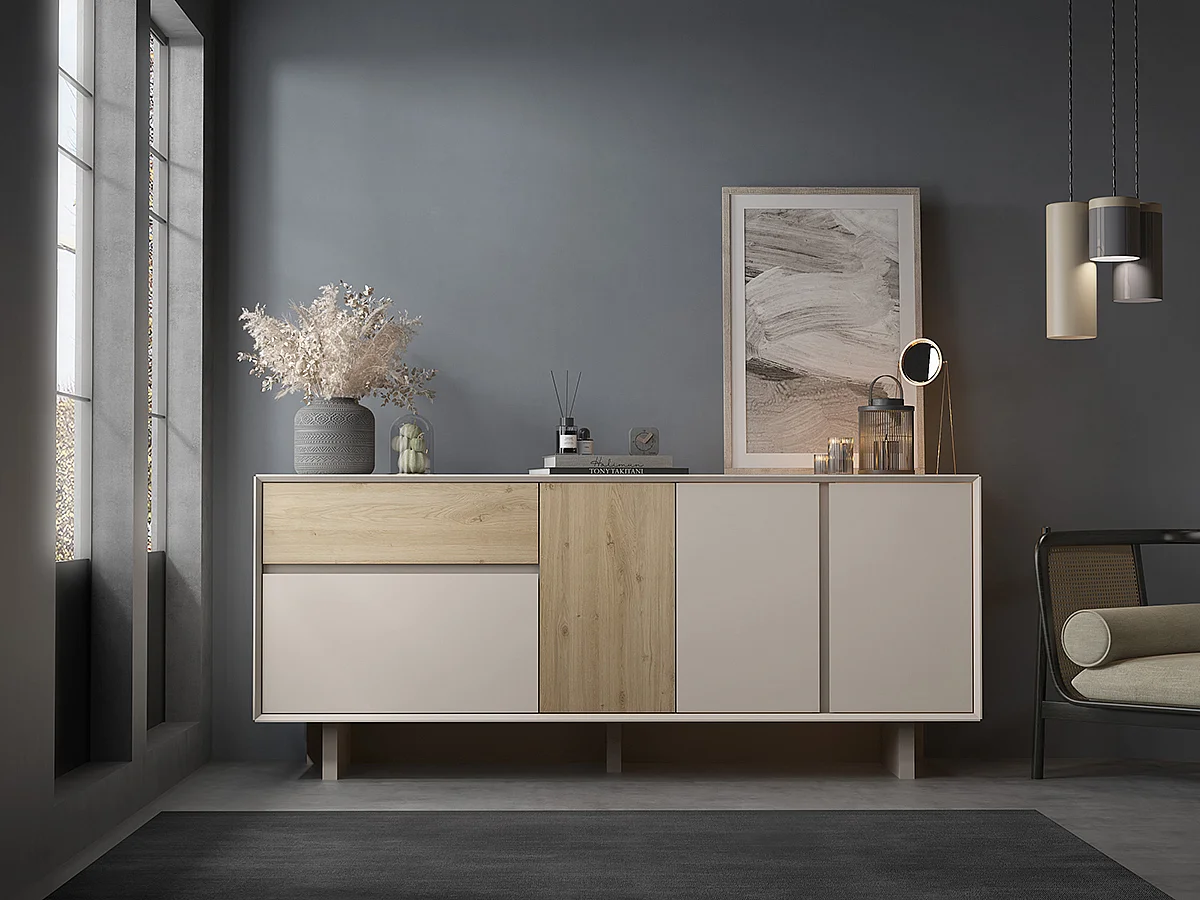 Buffet, commode rectangulaire avec 4 portes et 1 tiroir aspect bois coloris chêne, blanc - Longueur 180 x Profondeur 45 x Hauteur 76,50 cm