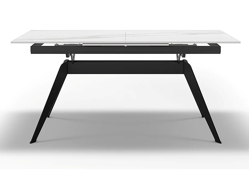 Table à manger, table de repas extensible en céramique coloris blanc, pieds en métal noir - Longueur 160-220 x Profondeur 90 x Hauteur 76 cm