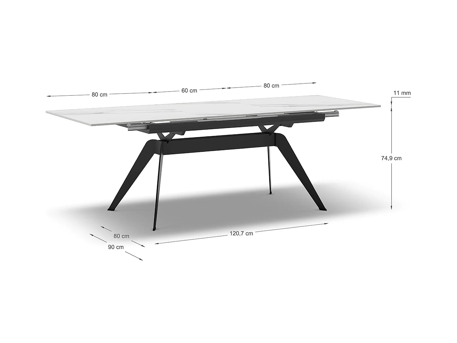 Table à manger, table de repas extensible en céramique coloris blanc, pieds en métal noir - Longueur 160-220 x Profondeur 90 x Hauteur 76 cm