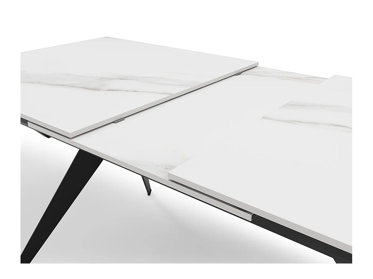 Table à manger, table de repas extensible en céramique coloris blanc, pieds en métal noir - Longueur 160-220 x Profondeur 90 x Hauteur 76 cm