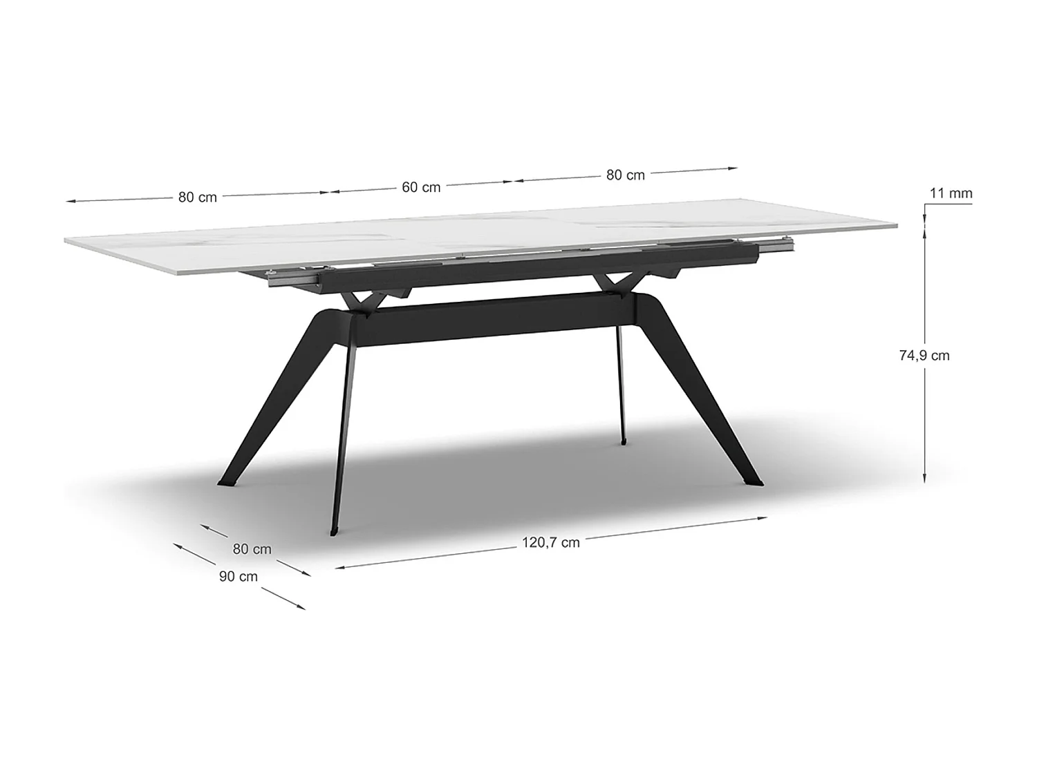 Table à manger, table de repas extensible en céramique coloris blanc, pieds en métal noir - Longueur 160-220 x Profondeur 90 x Hauteur 76 cm