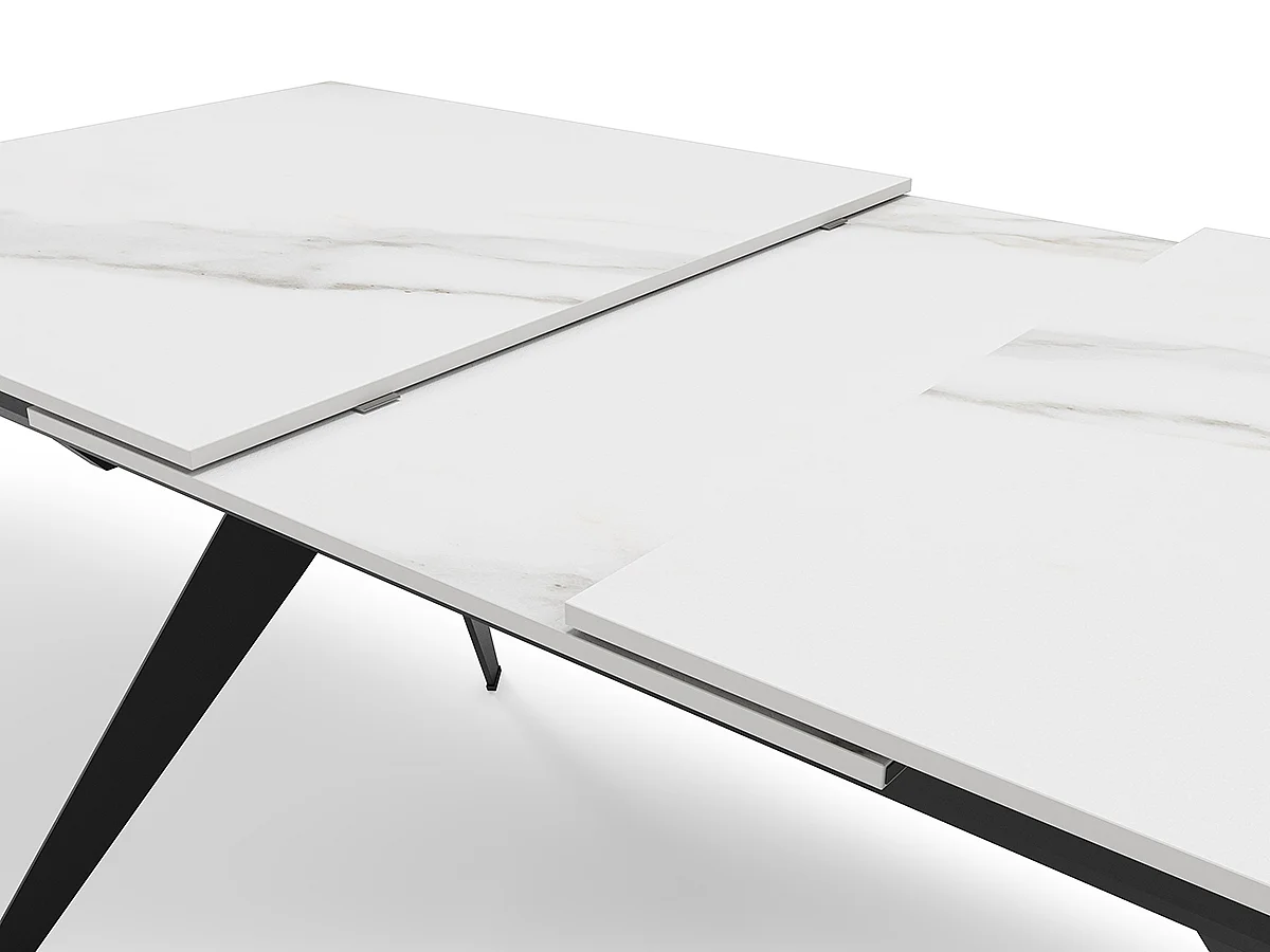 Table à manger, table de repas extensible en céramique coloris blanc, pieds en métal noir - Longueur 160-220 x Profondeur 90 x Hauteur 76 cm