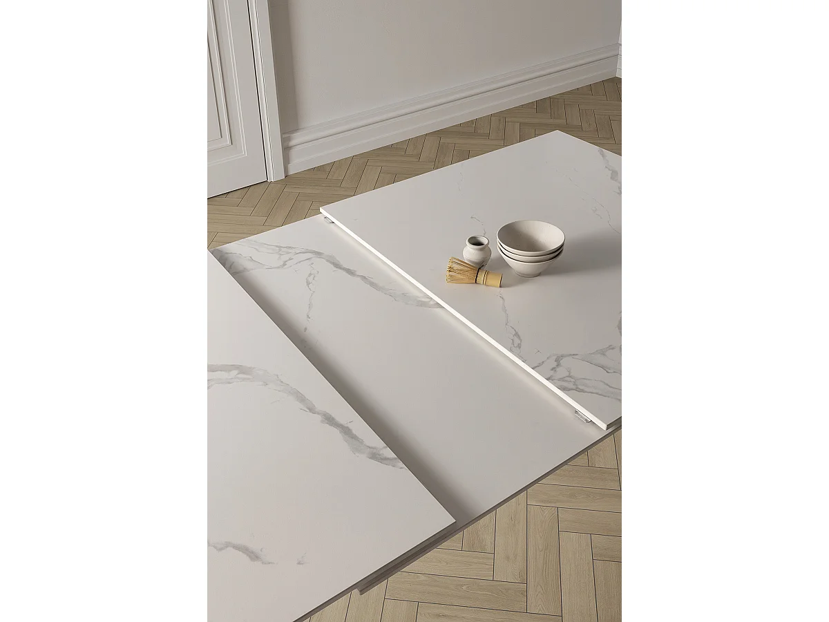 Table à manger, table de repas extensible en céramique coloris blanc, pieds en métal noir - Longueur 160-220 x Profondeur 90 x Hauteur 76 cm