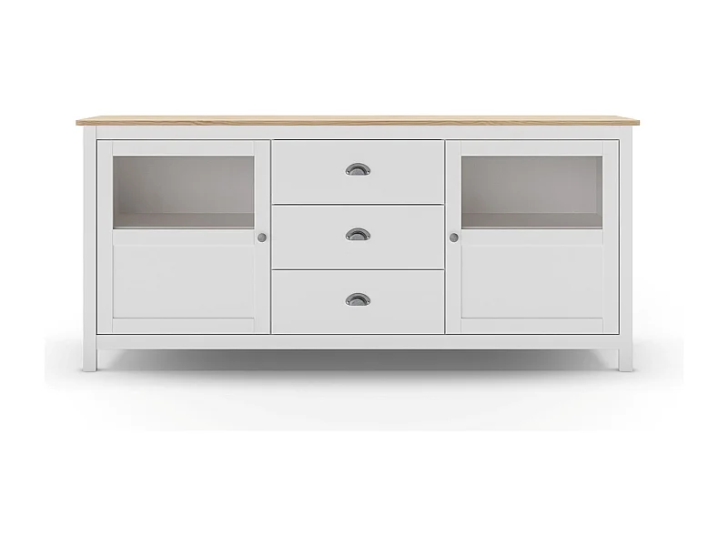 Buffet, commode de rangement avec 3 tiroirs et 2 portes en pin coloris blanc, chêne - Longueur 180 x Profondeur 40 x Hauteur 80 cm