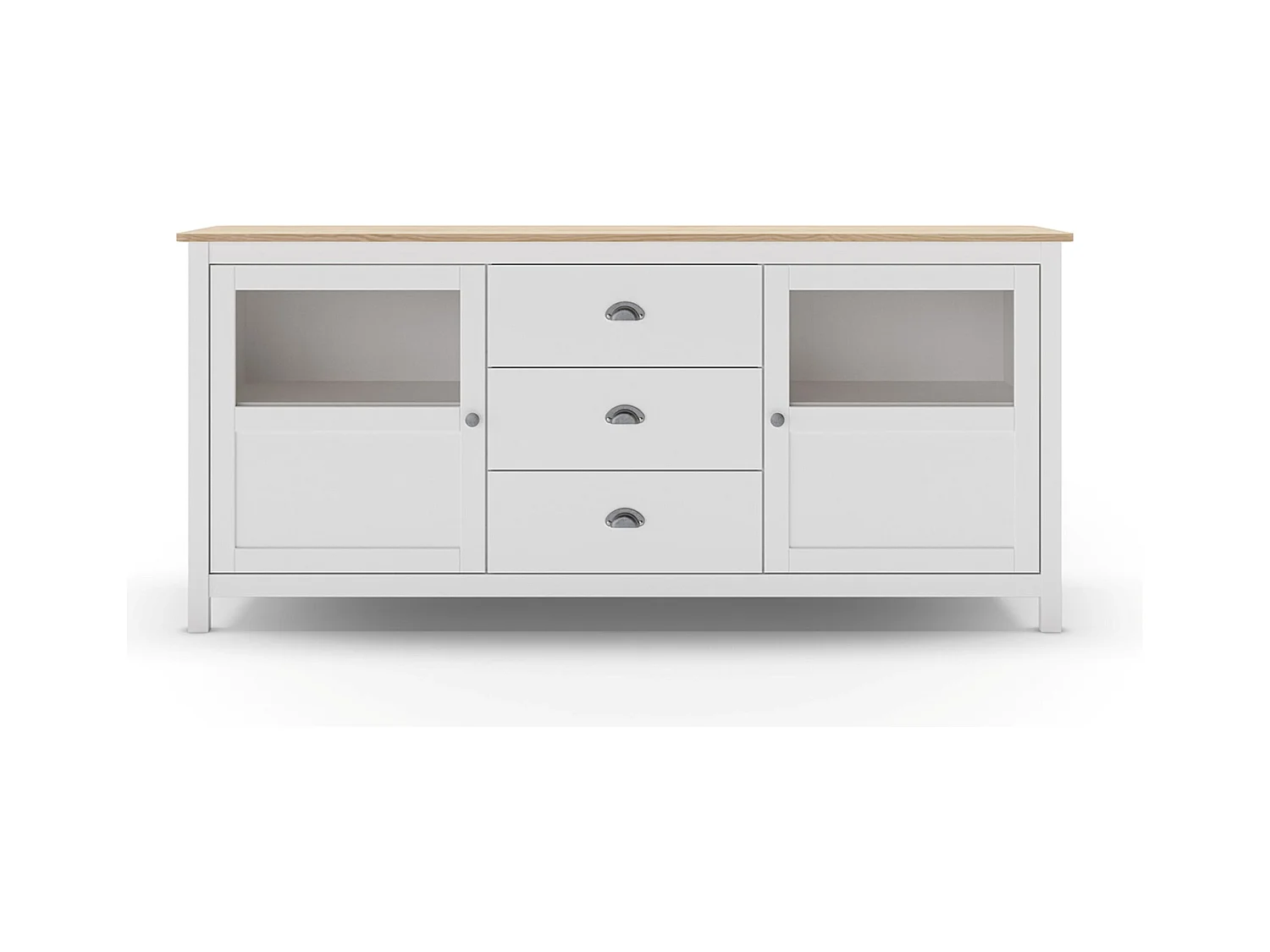 Buffet, commode de rangement avec 3 tiroirs et 2 portes en pin coloris blanc, chêne - Longueur 180 x Profondeur 40 x Hauteur 80 cm