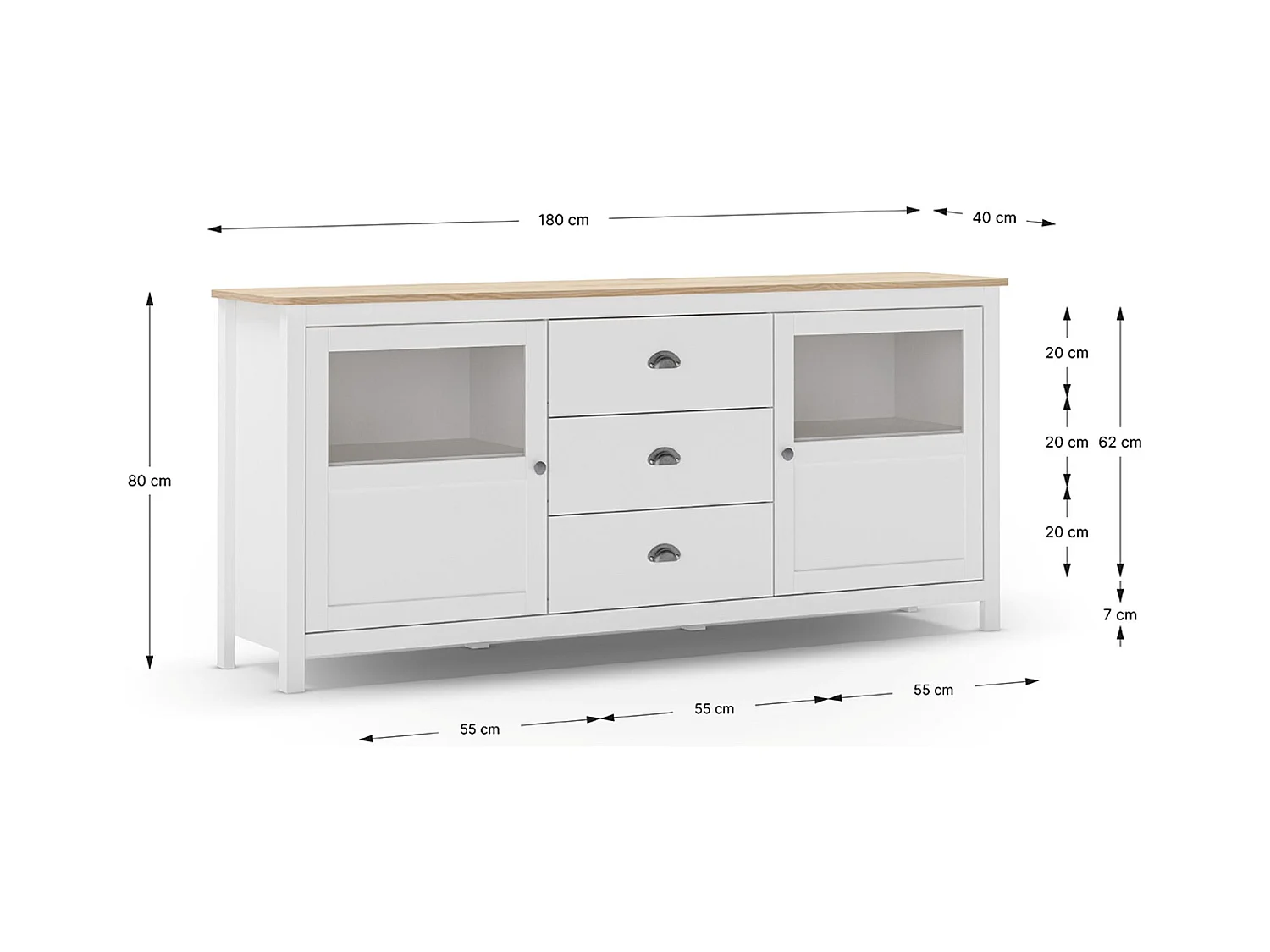 Buffet, commode de rangement avec 3 tiroirs et 2 portes en pin coloris blanc, chêne - Longueur 180 x Profondeur 40 x Hauteur 80 cm