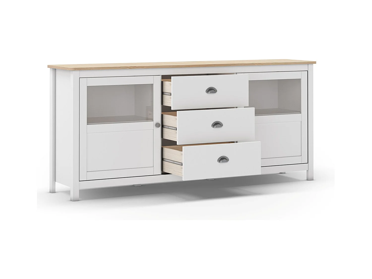 Buffet, commode de rangement avec 3 tiroirs et 2 portes en pin coloris blanc, chêne - Longueur 180 x Profondeur 40 x Hauteur 80 cm
