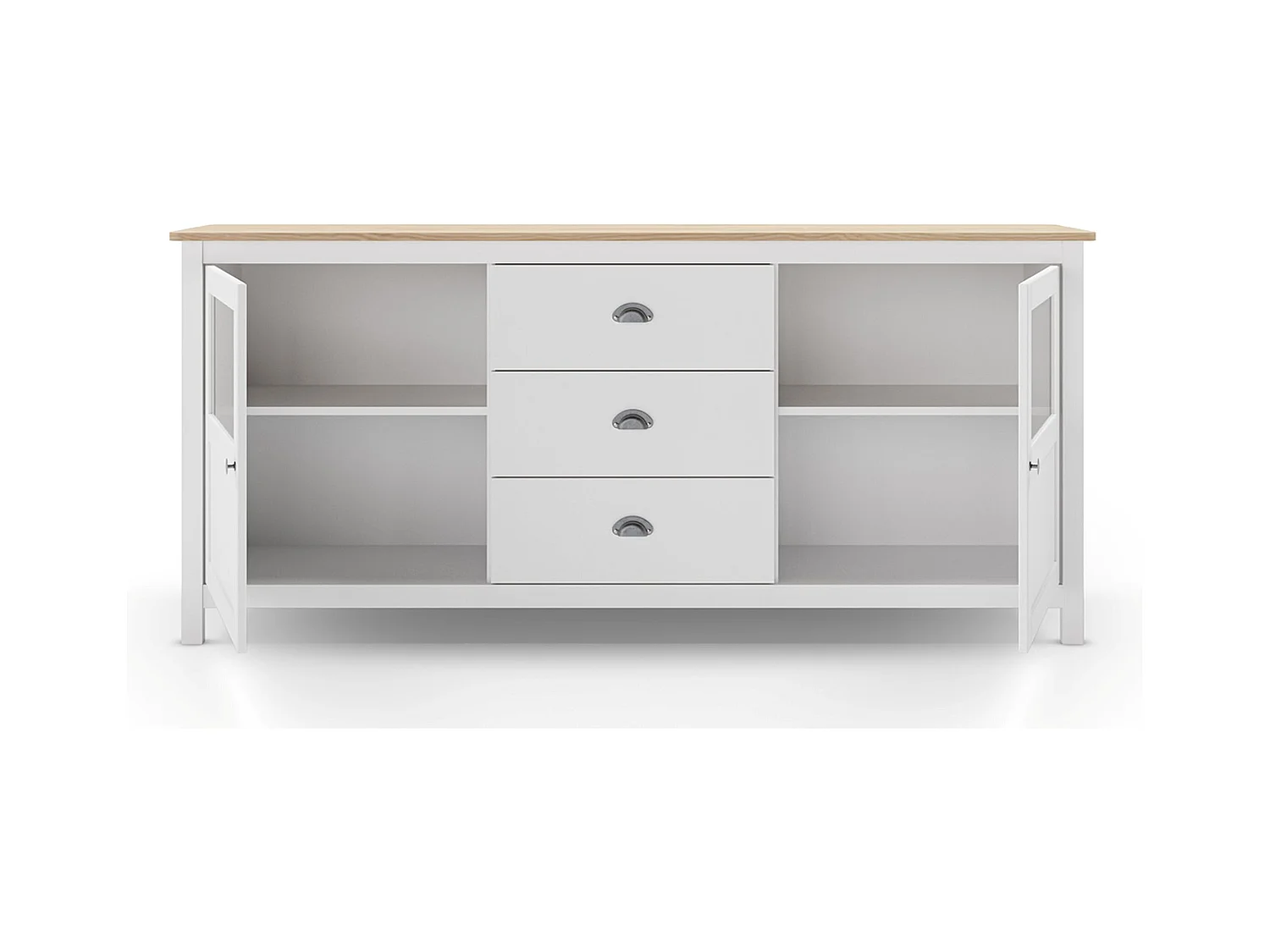 Buffet, commode de rangement avec 3 tiroirs et 2 portes en pin coloris blanc, chêne - Longueur 180 x Profondeur 40 x Hauteur 80 cm