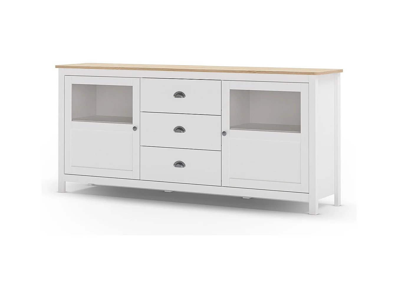 Buffet, commode de rangement avec 3 tiroirs et 2 portes en pin coloris blanc, chêne - Longueur 180 x Profondeur 40 x Hauteur 80 cm