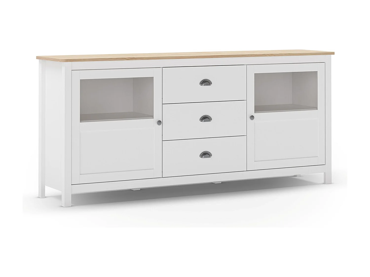 Buffet, commode de rangement avec 3 tiroirs et 2 portes en pin coloris blanc, chêne - Longueur 180 x Profondeur 40 x Hauteur 80 cm