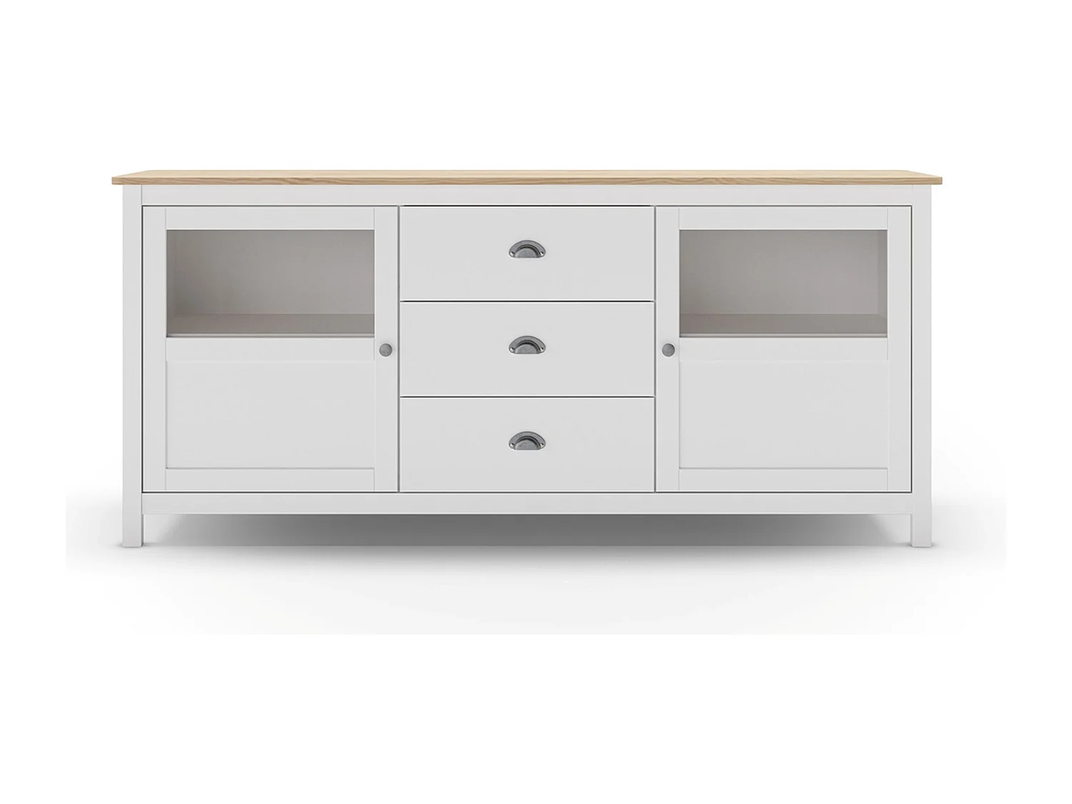 Buffet, commode de rangement avec 3 tiroirs et 2 portes en pin coloris blanc, chêne - Longueur 180 x Profondeur 40 x Hauteur 80 cm