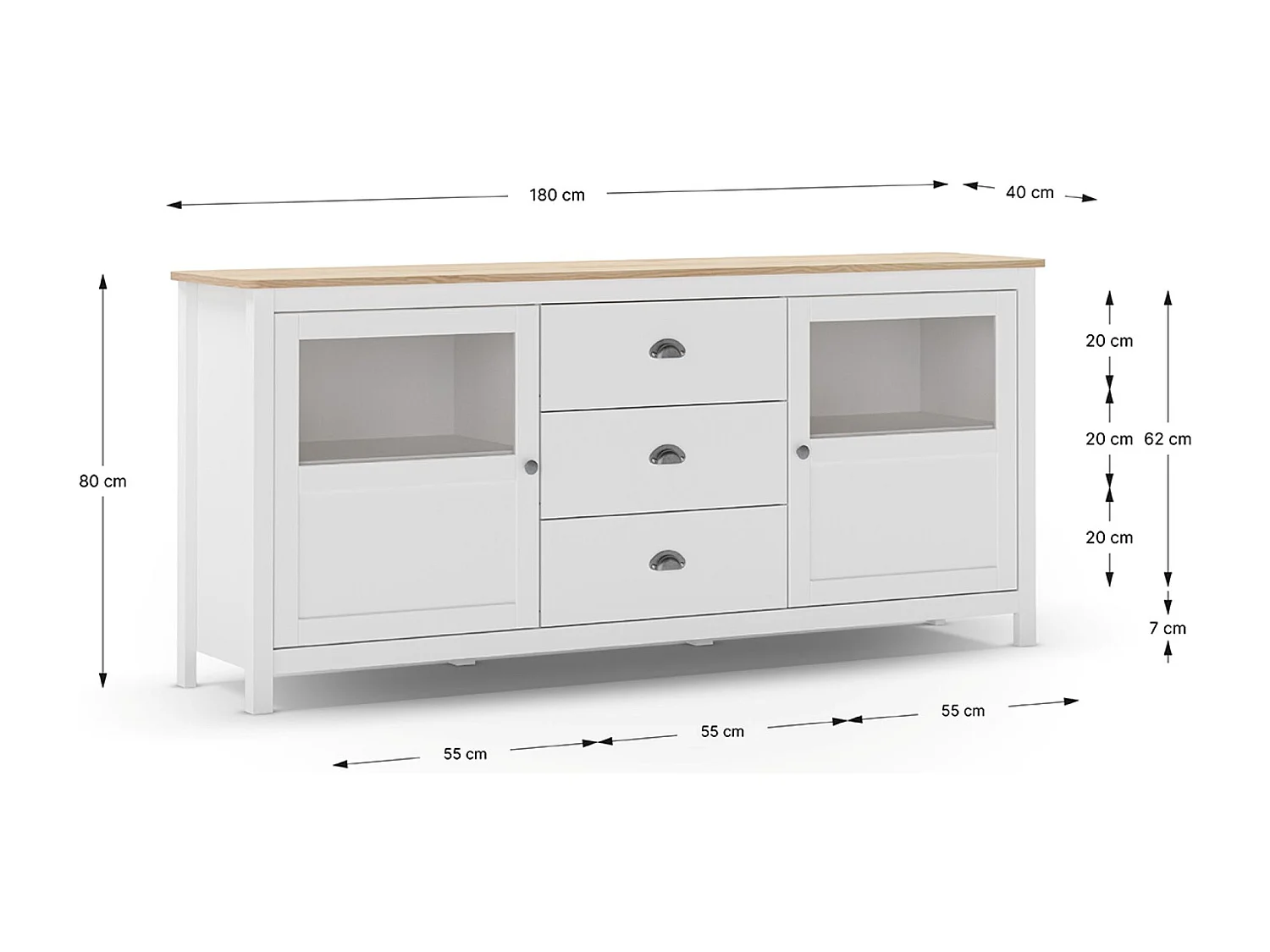 Buffet, commode de rangement avec 3 tiroirs et 2 portes en pin coloris blanc, chêne - Longueur 180 x Profondeur 40 x Hauteur 80 cm