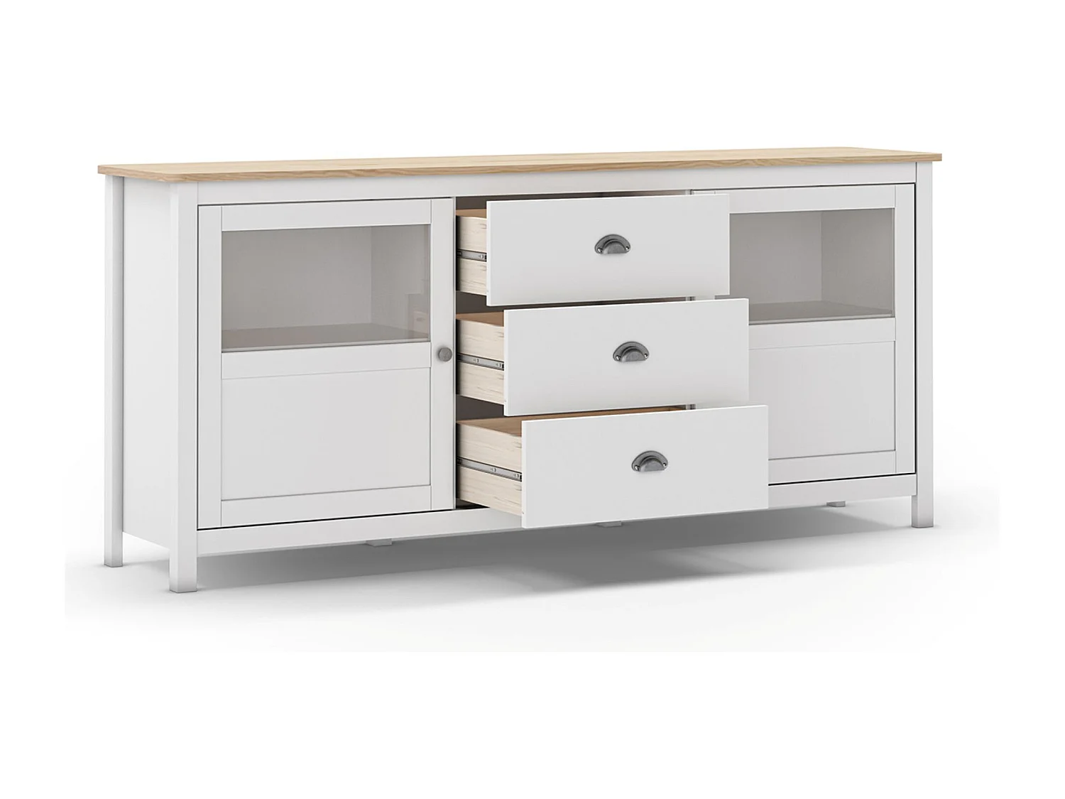 Buffet, commode de rangement avec 3 tiroirs et 2 portes en pin coloris blanc, chêne - Longueur 180 x Profondeur 40 x Hauteur 80 cm
