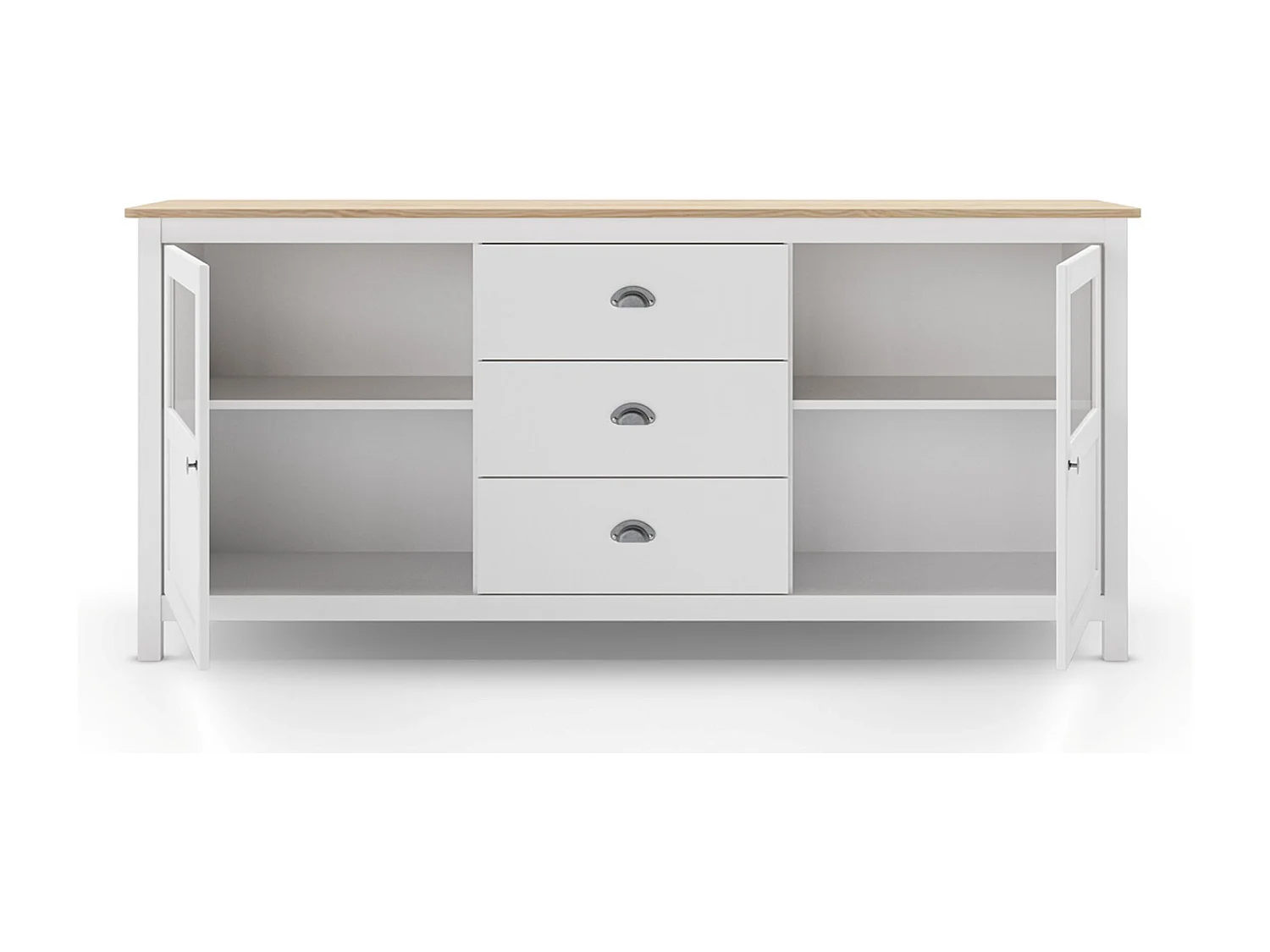 Buffet, commode de rangement avec 3 tiroirs et 2 portes en pin coloris blanc, chêne - Longueur 180 x Profondeur 40 x Hauteur 80 cm