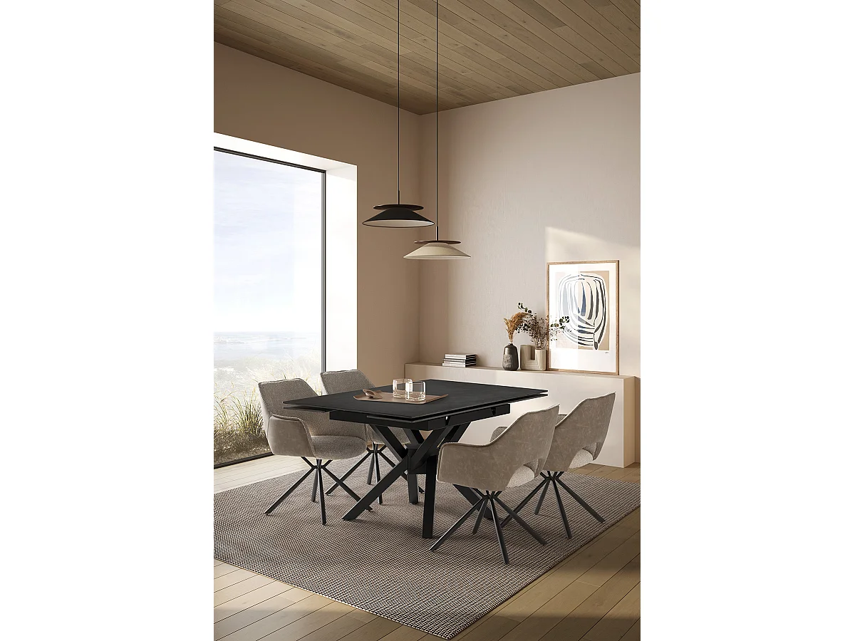 Table à manger, table de repas extensible carrée en Pierre frittée coloris noir, pieds en métal noir  - Longueur 150 x Profondeur 90-150 x Hauteur 76 cm