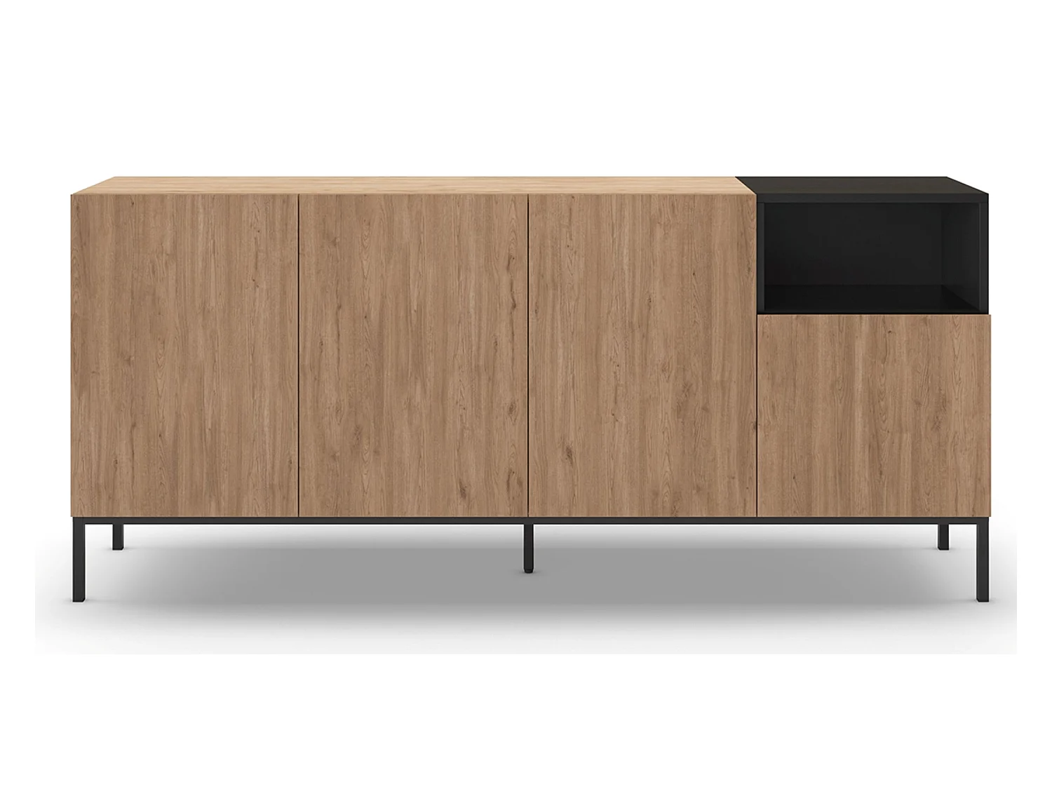 Buffet, commode rectangulaire avec 4 portes aspect bois coloris naturel, noir et pieds en métal coloris noir - Longueur 180 x Profondeur 40 x Hauteur 80 cm