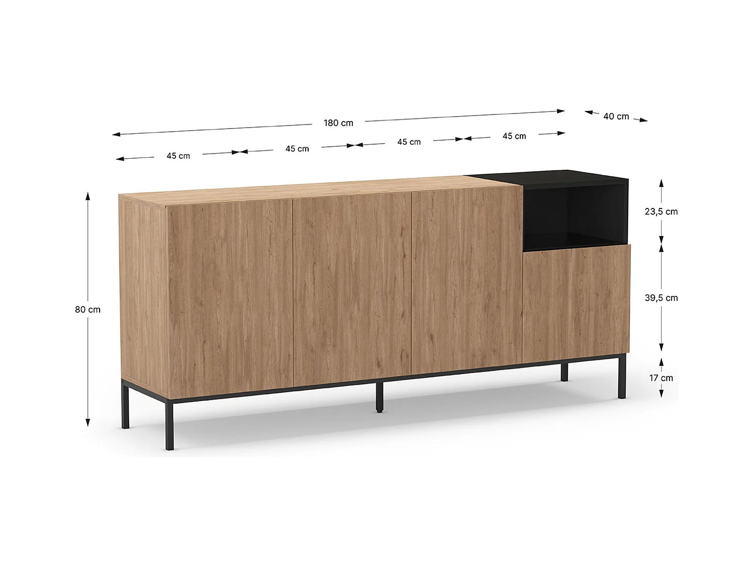 Buffet, commode rectangulaire avec 4 portes aspect bois coloris naturel, noir et pieds en métal coloris noir - Longueur 180 x Profondeur 40 x Hauteur 80 cm