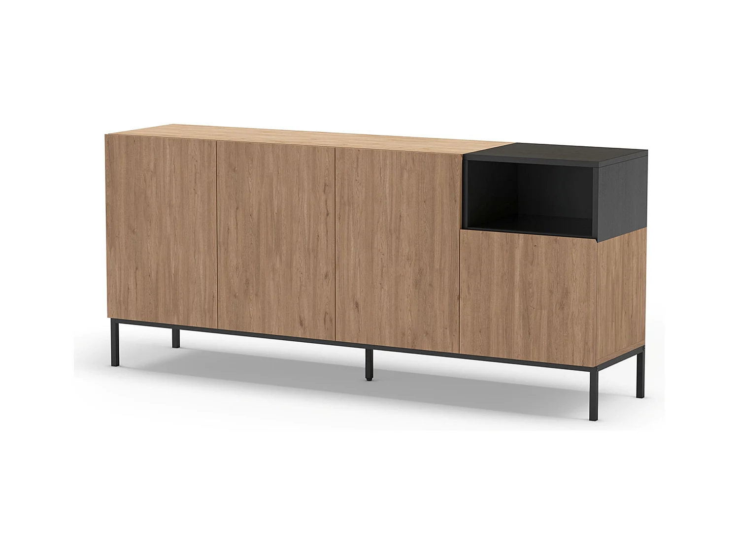 Buffet, commode rectangulaire avec 4 portes aspect bois coloris naturel, noir et pieds en métal coloris noir - Longueur 180 x Profondeur 40 x Hauteur 80 cm