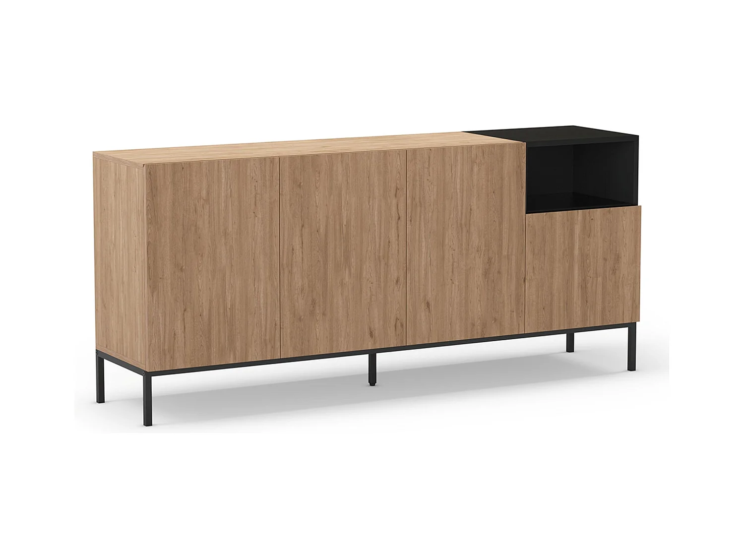 Buffet, commode rectangulaire avec 4 portes aspect bois coloris naturel, noir et pieds en métal coloris noir - Longueur 180 x Profondeur 40 x Hauteur 80 cm