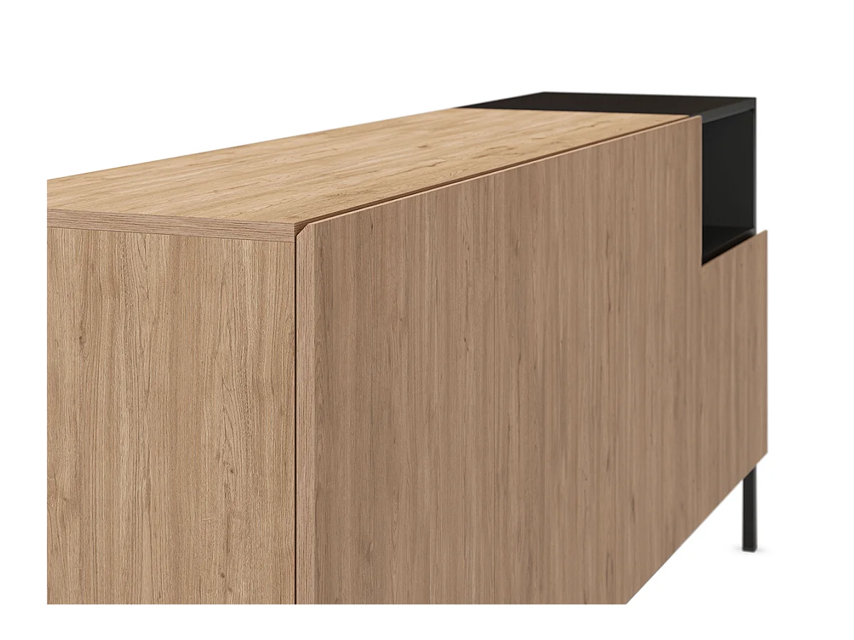 Buffet, commode rectangulaire avec 4 portes aspect bois coloris naturel, noir et pieds en métal coloris noir - Longueur 180 x Profondeur 40 x Hauteur 80 cm