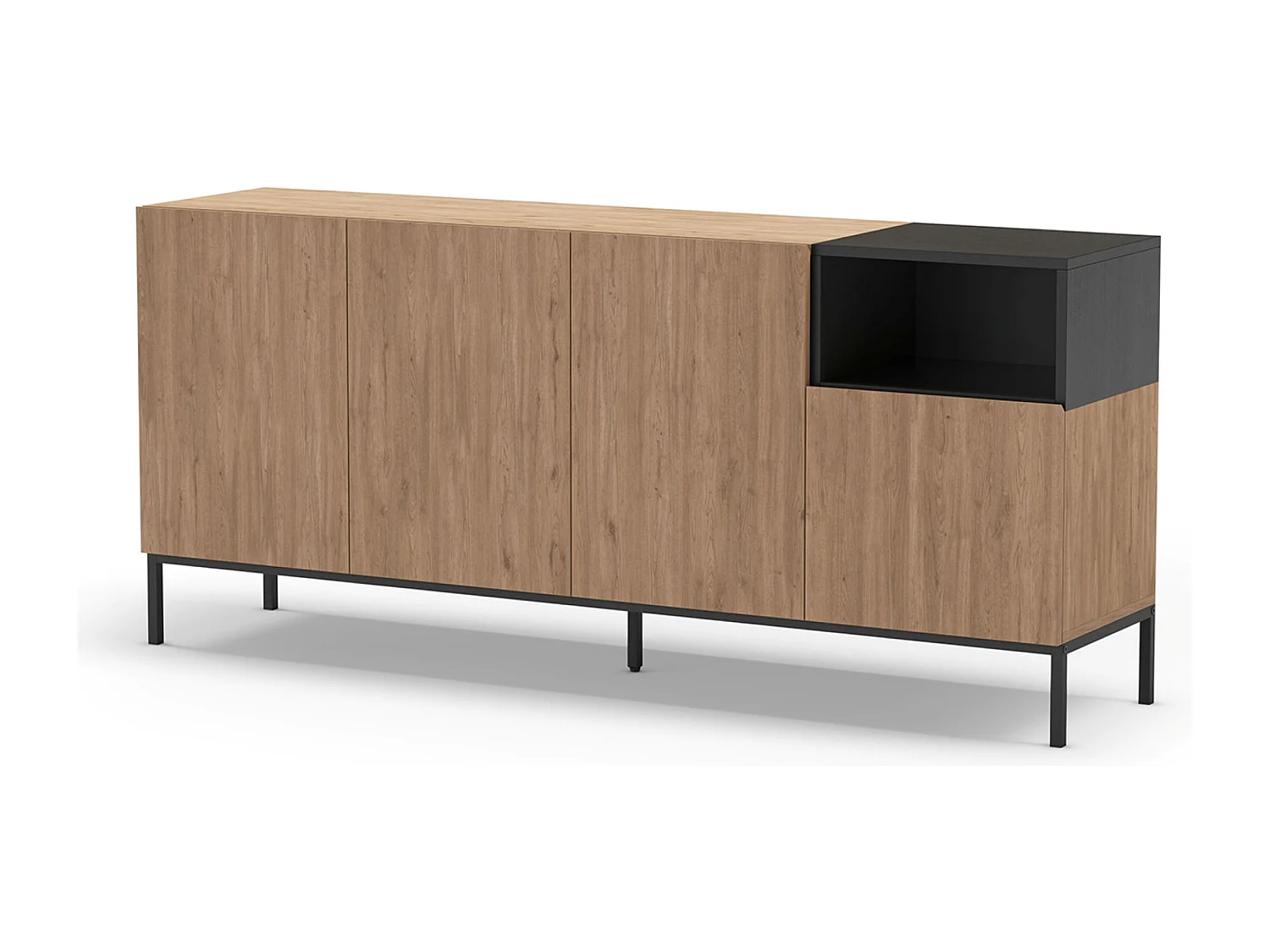 Buffet, commode rectangulaire avec 4 portes aspect bois coloris naturel, noir et pieds en métal coloris noir - Longueur 180 x Profondeur 40 x Hauteur 80 cm