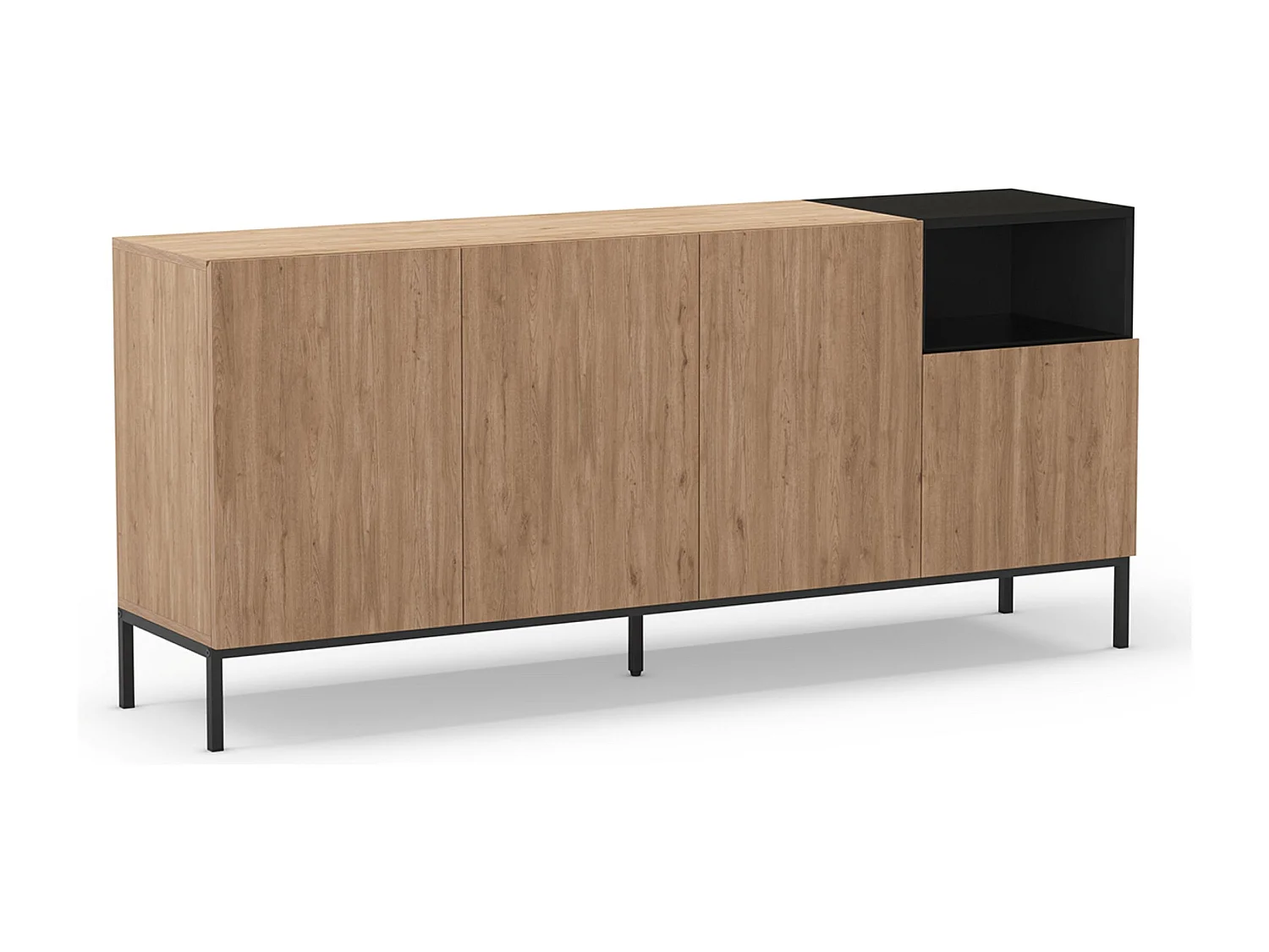Buffet, commode rectangulaire avec 4 portes aspect bois coloris naturel, noir et pieds en métal coloris noir - Longueur 180 x Profondeur 40 x Hauteur 80 cm