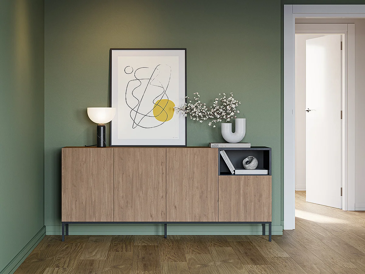 Buffet, commode rectangulaire avec 4 portes aspect bois coloris naturel, noir et pieds en métal coloris noir - Longueur 180 x Profondeur 40 x Hauteur 80 cm