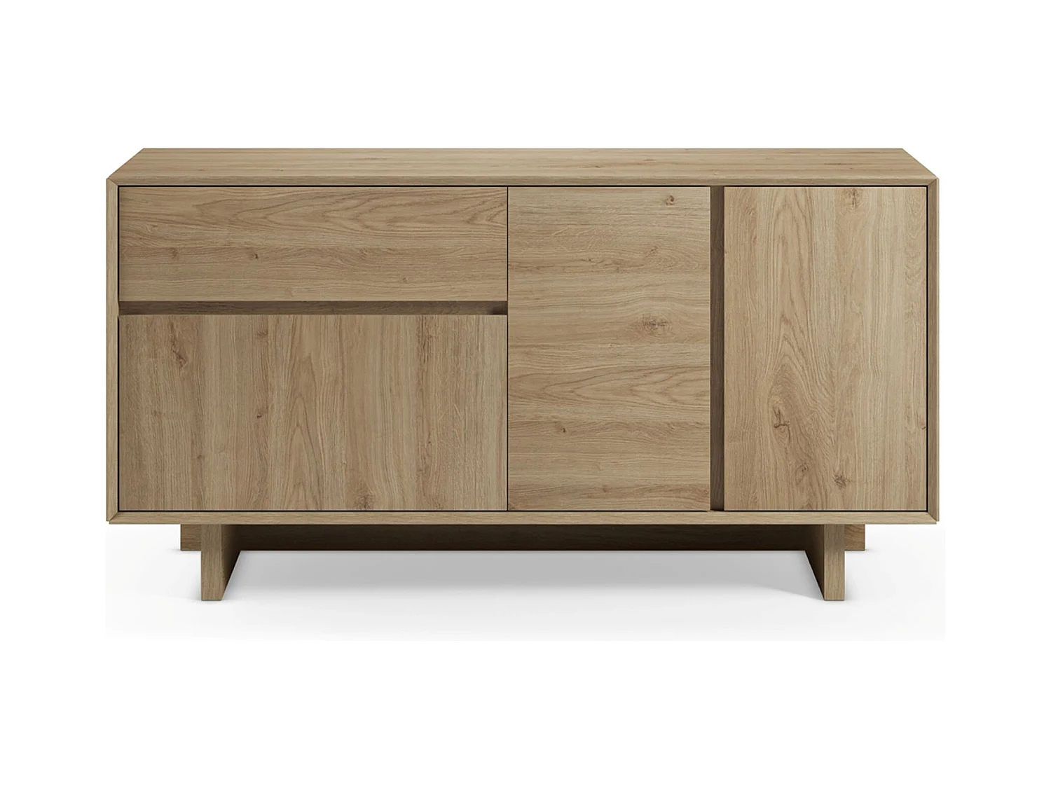 Buffet, commode rectangulaire avec 3 portes et 1 tiroir aspect bois coloris chêne - Longueur 146 x Profondeur 45 x Hauteur 76,5 cm