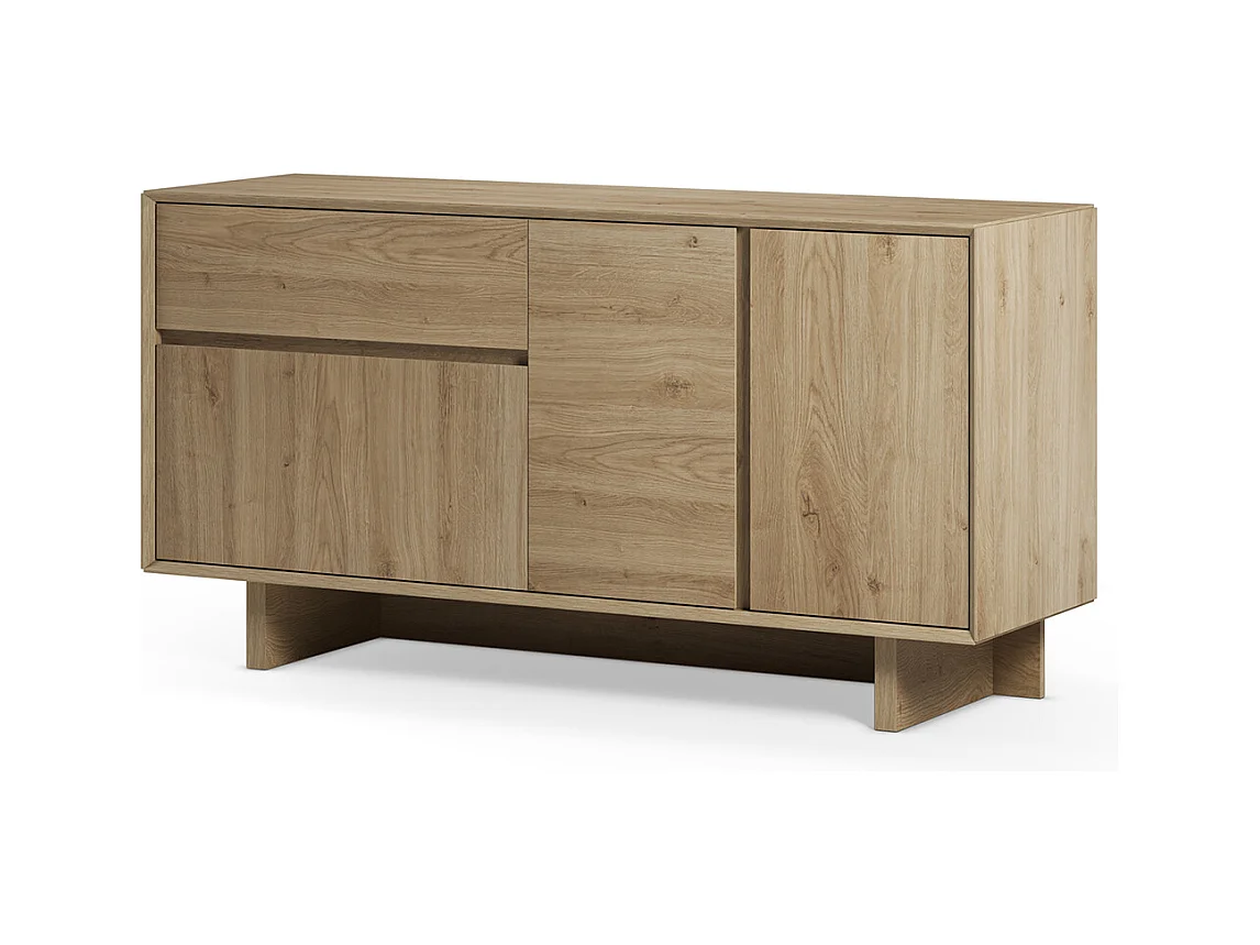 Buffet, commode rectangulaire avec 3 portes et 1 tiroir aspect bois coloris chêne - Longueur 146 x Profondeur 45 x Hauteur 76,5 cm