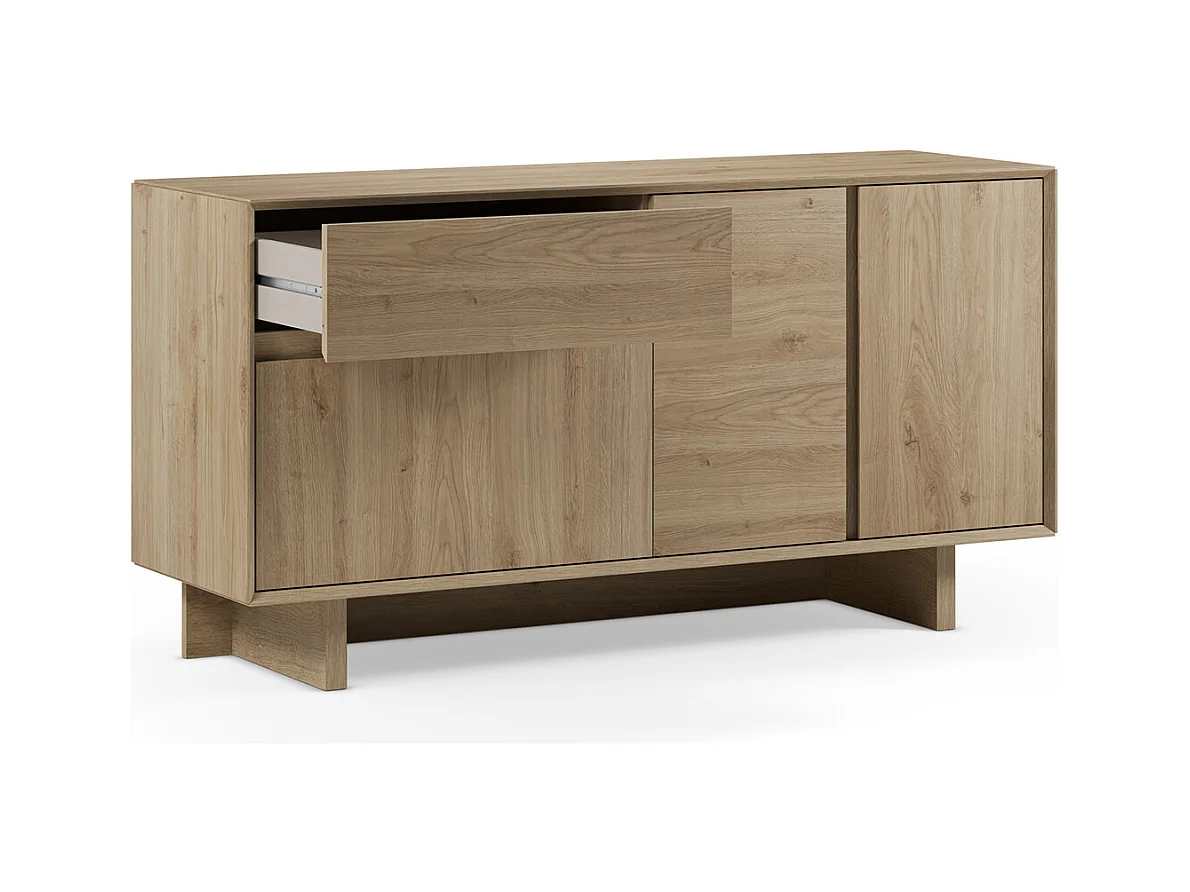 Buffet, commode rectangulaire avec 3 portes et 1 tiroir aspect bois coloris chêne - Longueur 146 x Profondeur 45 x Hauteur 76,5 cm
