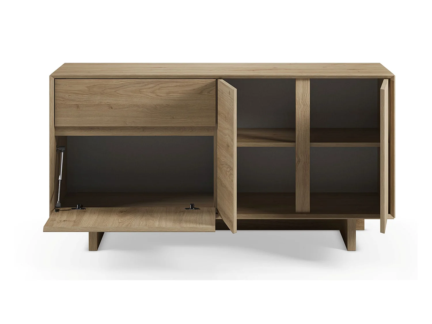 Buffet, commode rectangulaire avec 3 portes et 1 tiroir aspect bois coloris chêne - Longueur 146 x Profondeur 45 x Hauteur 76,5 cm