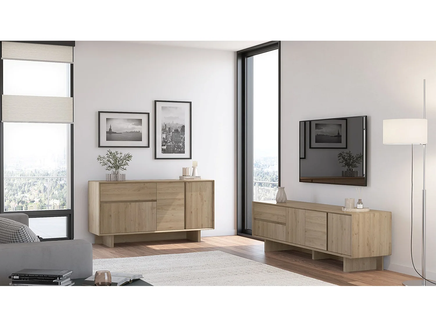 Buffet, commode rectangulaire avec 3 portes et 1 tiroir aspect bois coloris chêne - Longueur 146 x Profondeur 45 x Hauteur 76,5 cm
