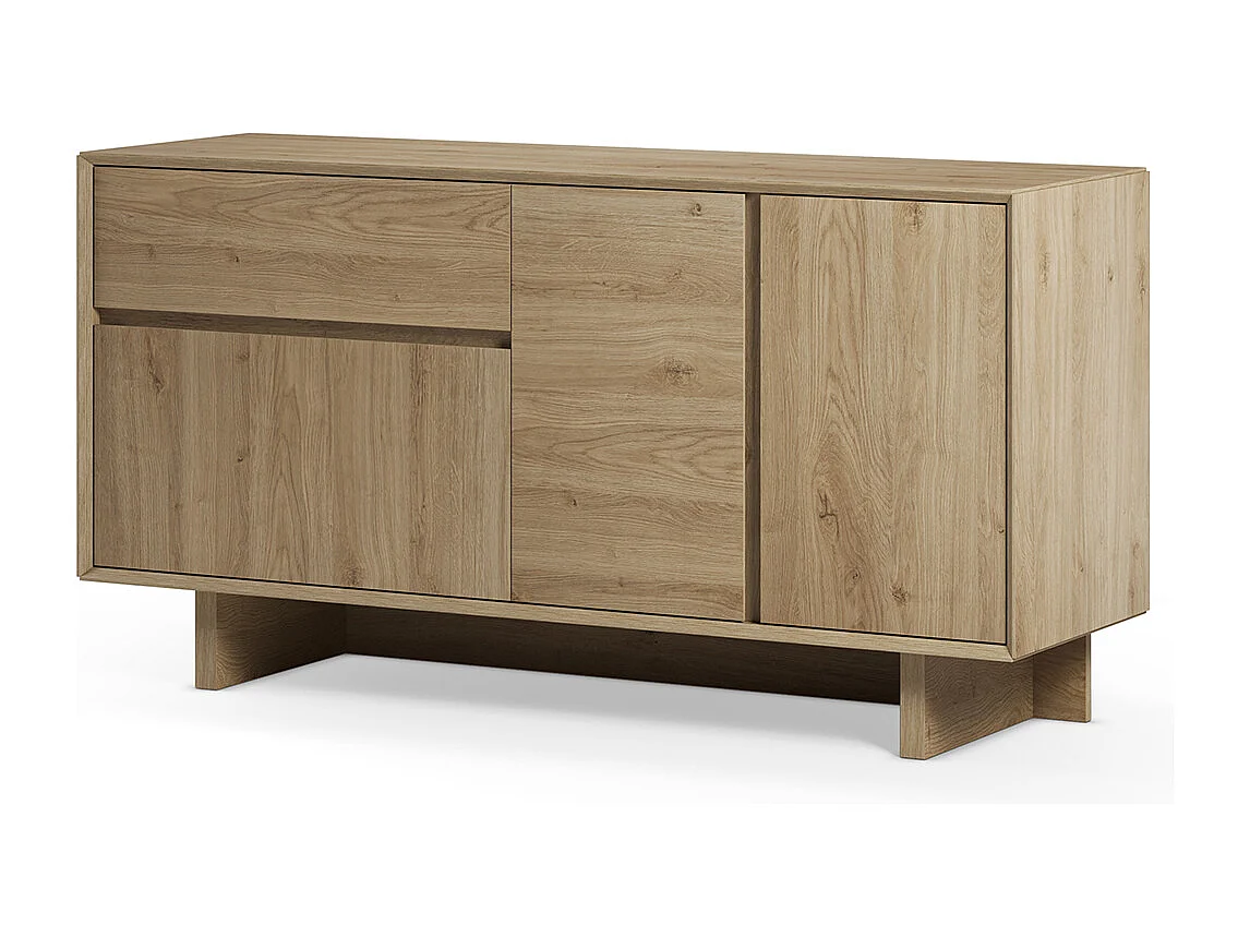Buffet, commode rectangulaire avec 3 portes et 1 tiroir aspect bois coloris chêne - Longueur 146 x Profondeur 45 x Hauteur 76,5 cm