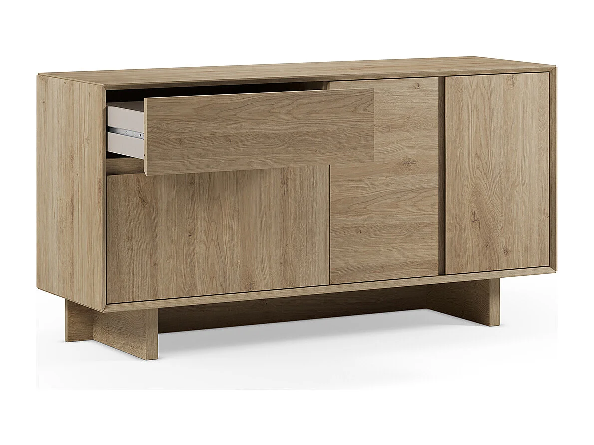 Buffet, commode rectangulaire avec 3 portes et 1 tiroir aspect bois coloris chêne - Longueur 146 x Profondeur 45 x Hauteur 76,5 cm