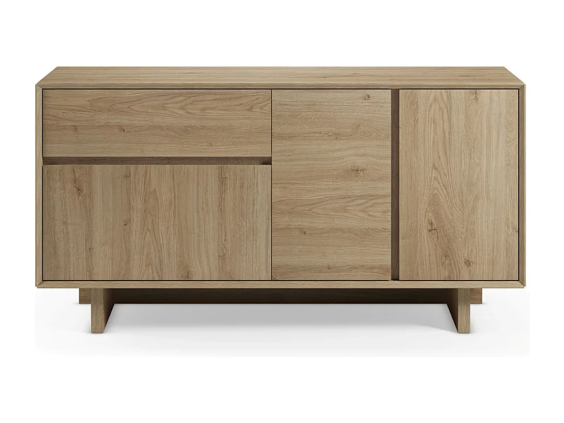 Buffet, commode rectangulaire avec 3 portes et 1 tiroir aspect bois coloris chêne - Longueur 146 x Profondeur 45 x Hauteur 76,5 cm