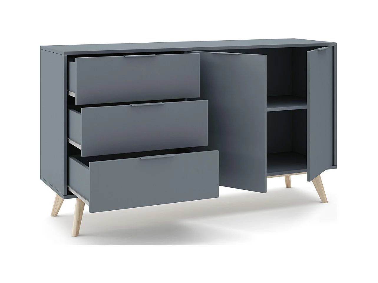 Buffet, commode rectangulaire avec 2 portes et 3 tiroirs aspect bois coloris Vert Kaki, pieds en pin coloris blanc ciré