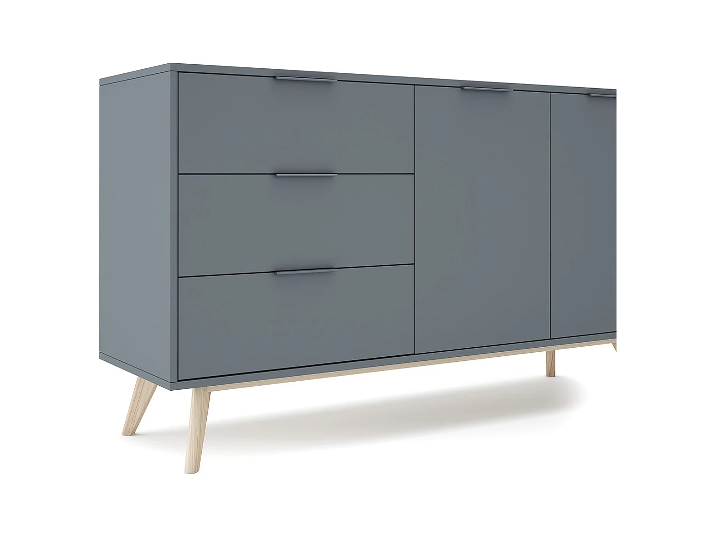 Buffet, commode rectangulaire avec 2 portes et 3 tiroirs aspect bois coloris Vert Kaki, pieds en pin coloris blanc ciré