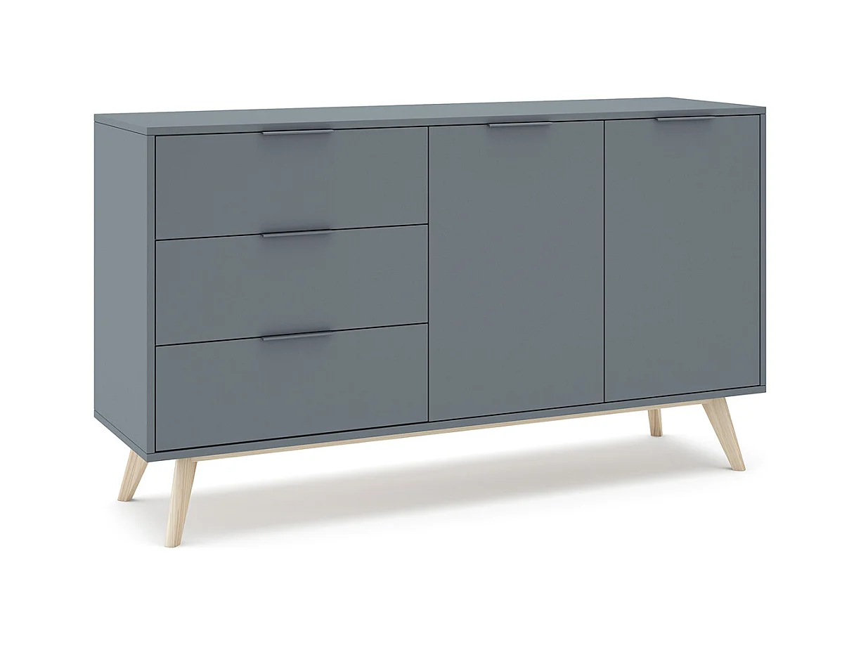 Buffet, commode rectangulaire avec 2 portes et 3 tiroirs aspect bois coloris Vert Kaki, pieds en pin coloris blanc ciré