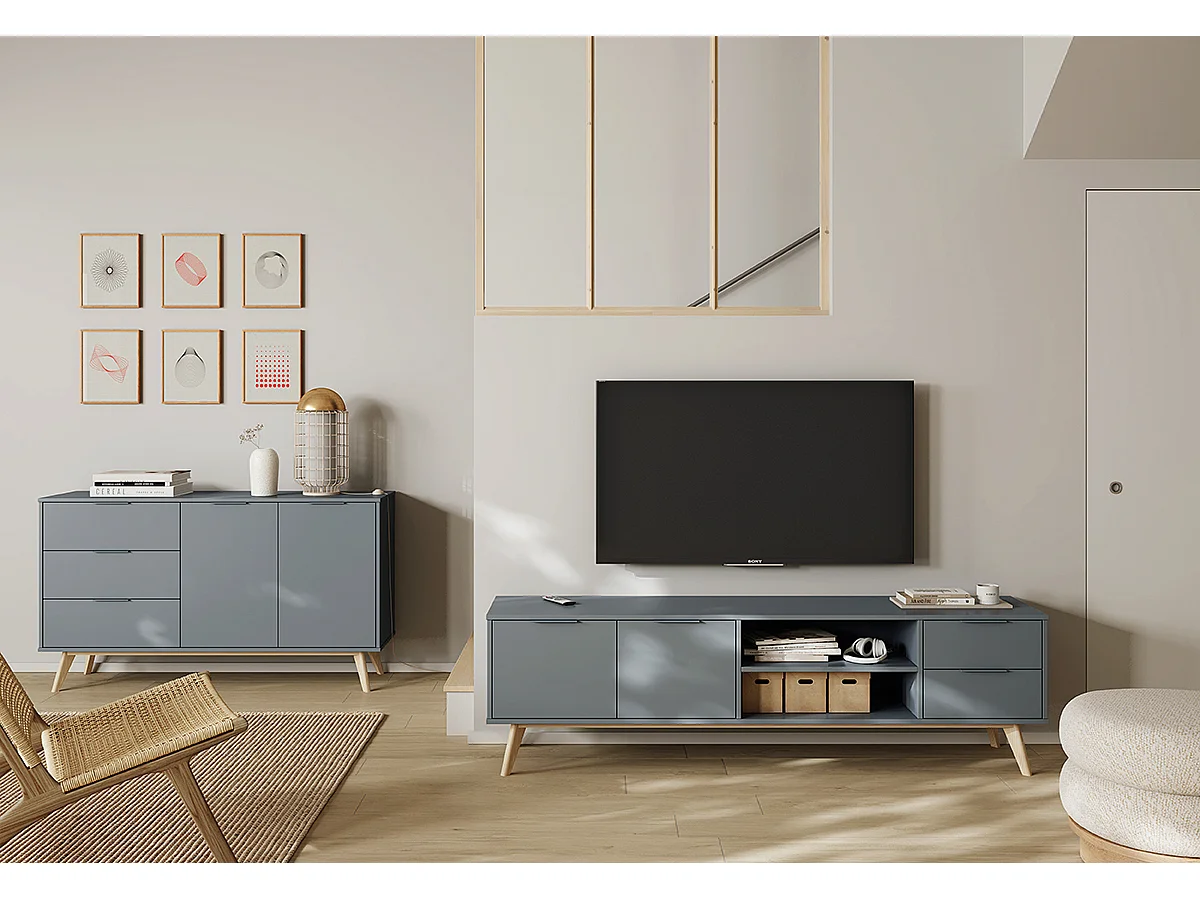 Buffet, commode rectangulaire avec 2 portes et 3 tiroirs aspect bois coloris Vert Kaki, pieds en pin coloris blanc ciré