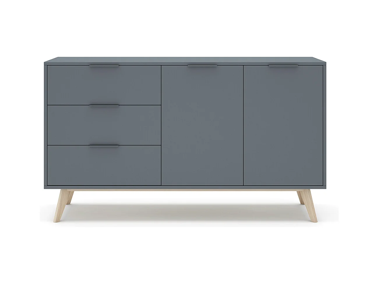 Buffet, commode rectangulaire avec 2 portes et 3 tiroirs aspect bois coloris Vert Kaki, pieds en pin coloris blanc ciré