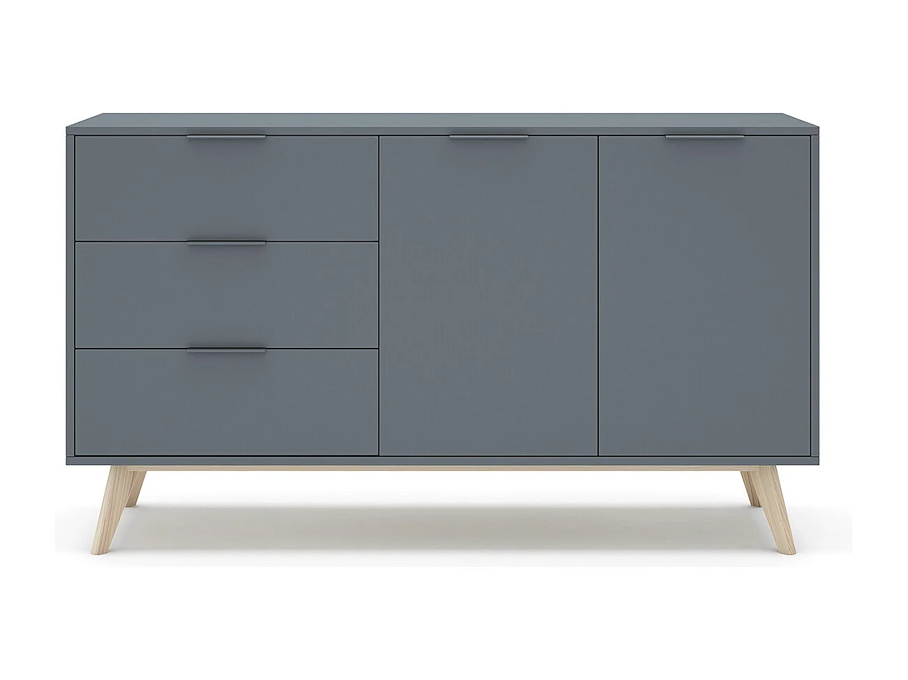 Buffet, commode rectangulaire avec 2 portes et 3 tiroirs aspect bois coloris Vert Kaki, pieds en pin coloris blanc ciré