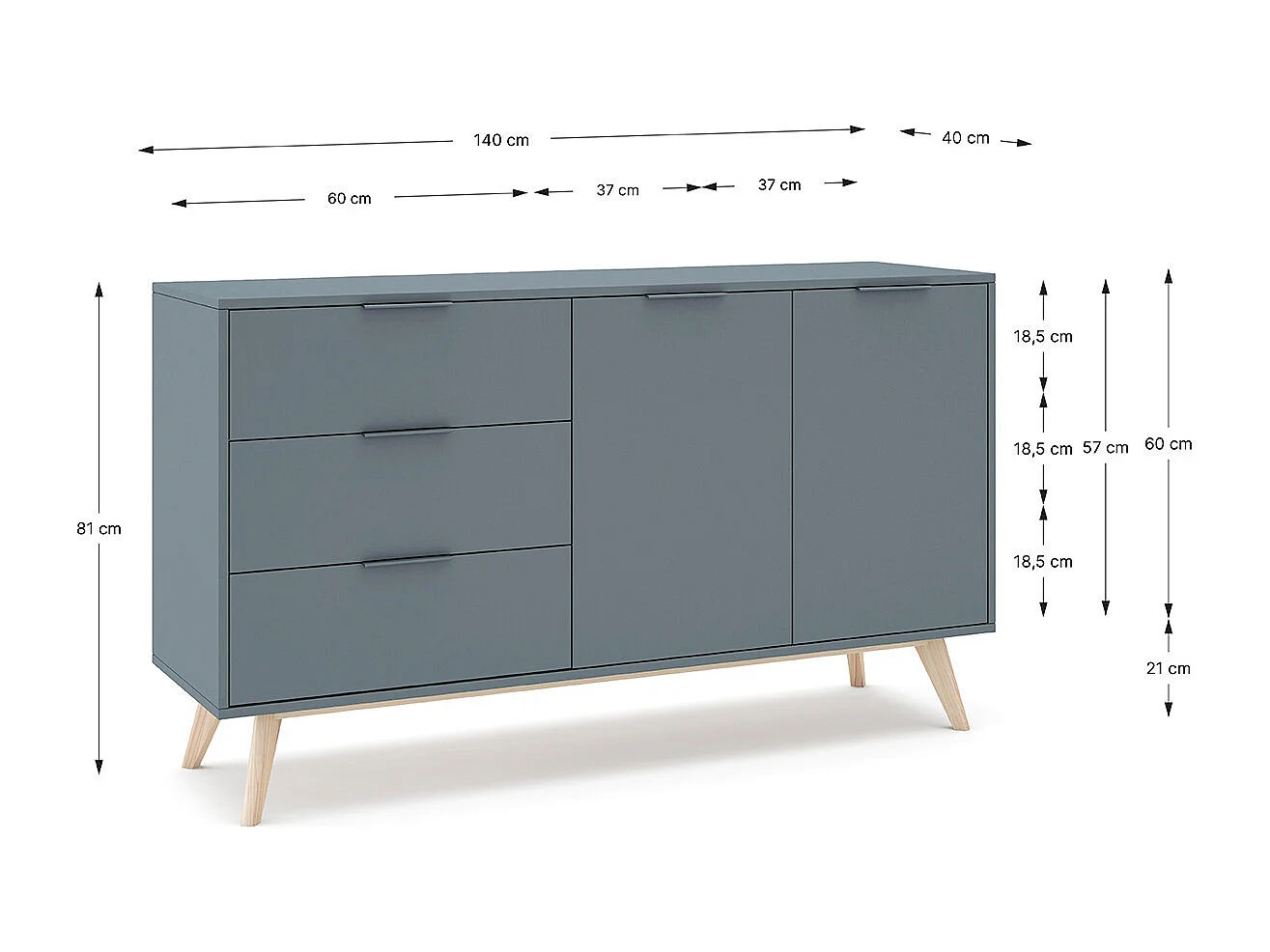 Buffet, commode rectangulaire avec 2 portes et 3 tiroirs aspect bois coloris Vert Kaki, pieds en pin coloris blanc ciré